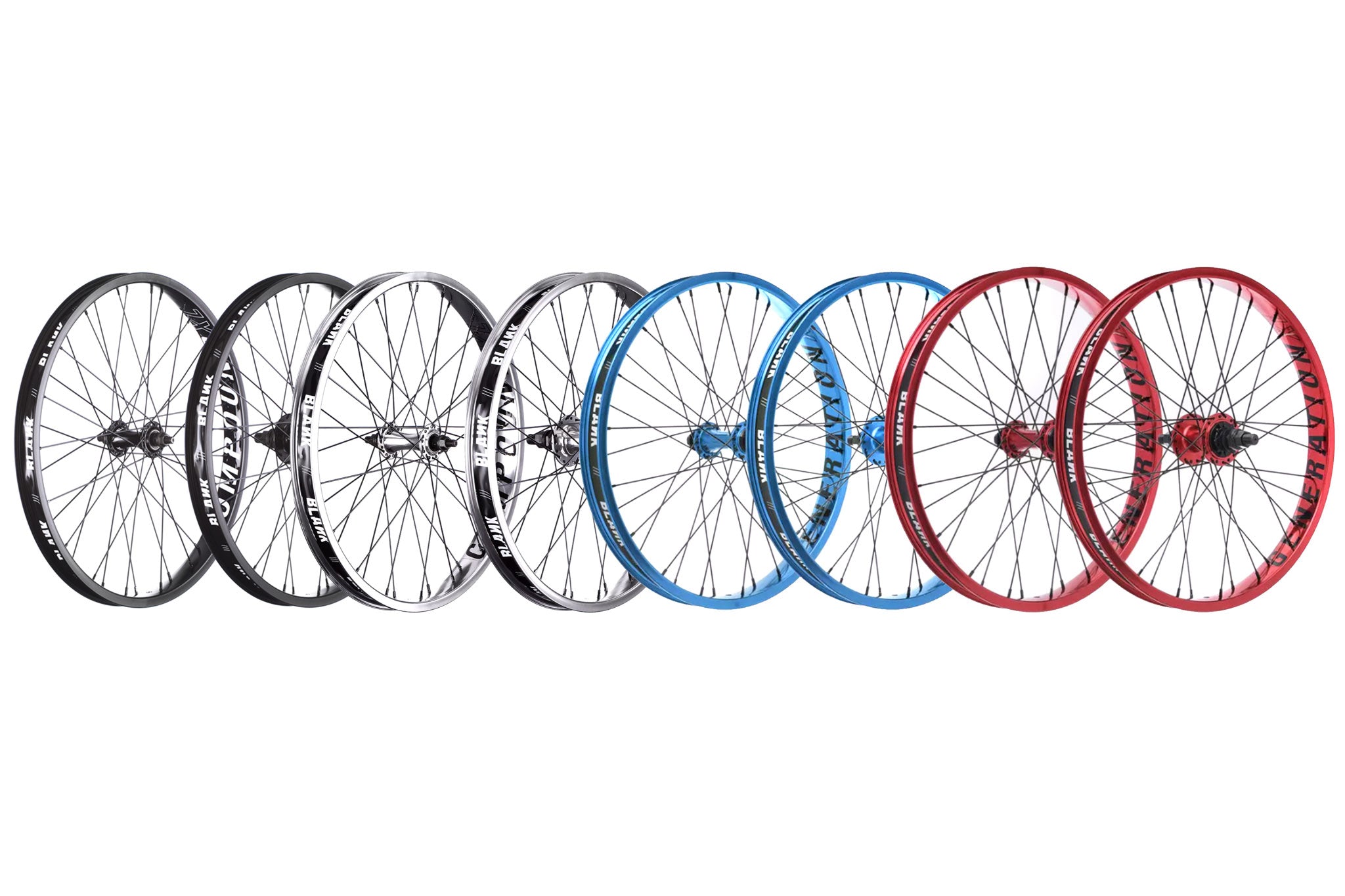 a hero shot of all the colours in wheelsets that tribal bikes do